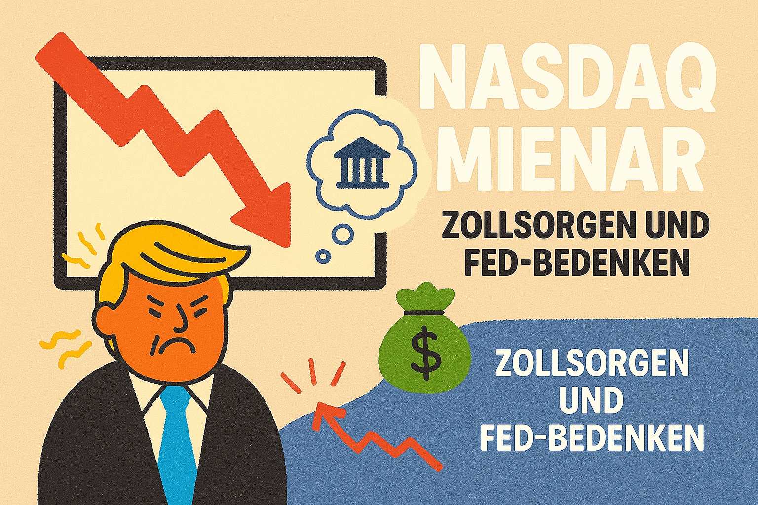 Bunte Illustration im Querformat: Ein gezeichneter Aktienbildschirm zeigt fallende Börsenkurse, daneben überraschte Cartoon-Kinder mit Diagrammen und Symbolen für Zölle und Wirtschaft. Das Bild erklärt kindgerecht die Auswirkungen von Zöllen und Zinssorgen auf den Nasdaq. Ideal für Wirtschaftsnews für Kinder.