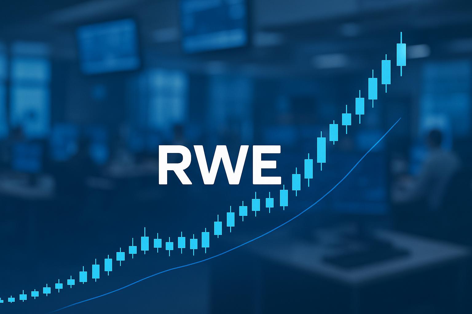 RWE-Logo vor unscharfem Börsenbüro mit grünem Kerzenchart und steigender Kurslinie auf blauem Hintergrund.