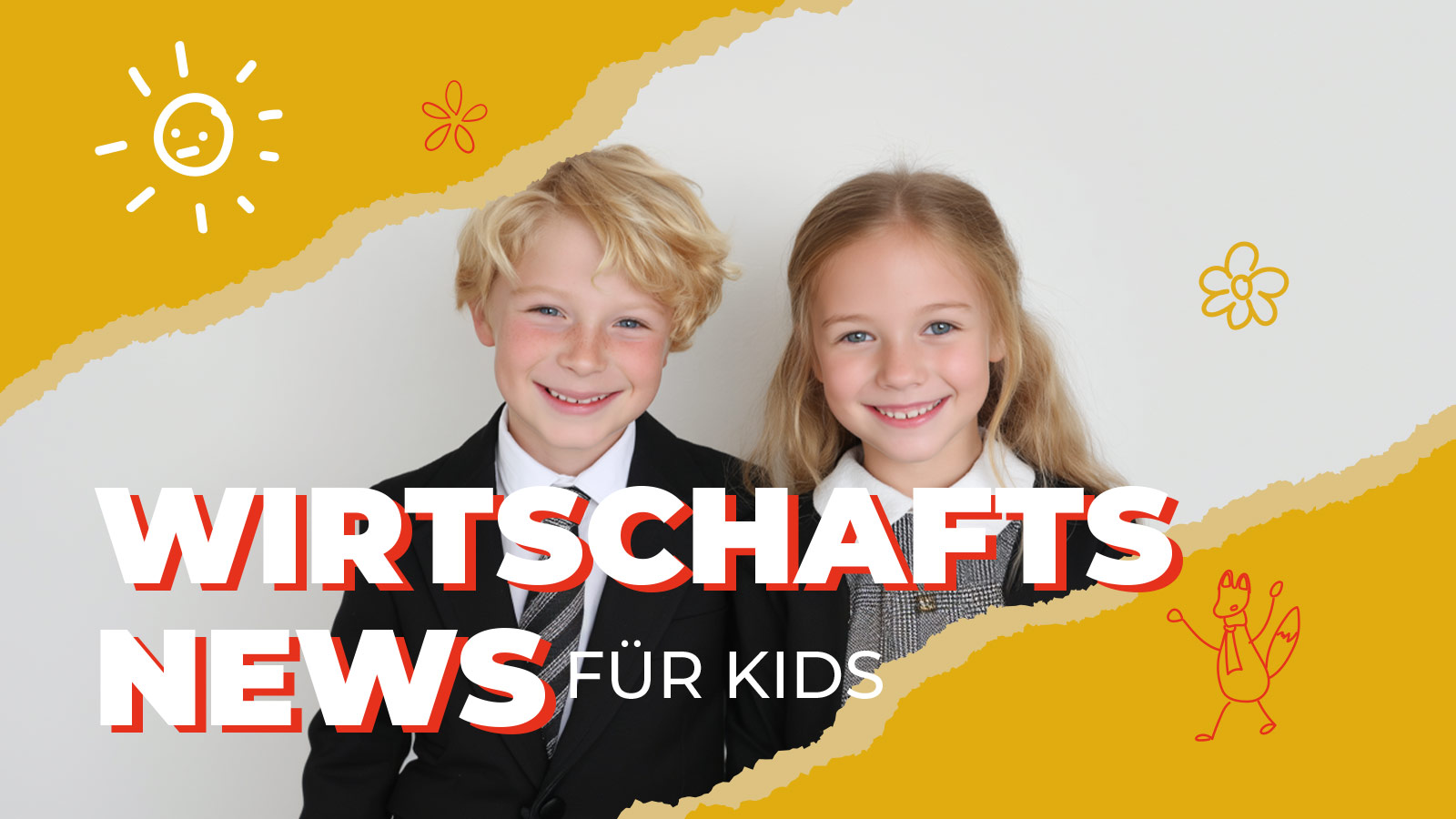 Zwei Kinder im Anzug und Kostüm lächeln in die Kamera. Der Schriftzug „Wirtschaftsnews für Kids“ steht groß im Bild. Im Hintergrund fröhliche Zeichnungen und warme Farben. Das Bild symbolisiert kindgerechte Wirtschaftsthemen mit Spaß und Neugier.
