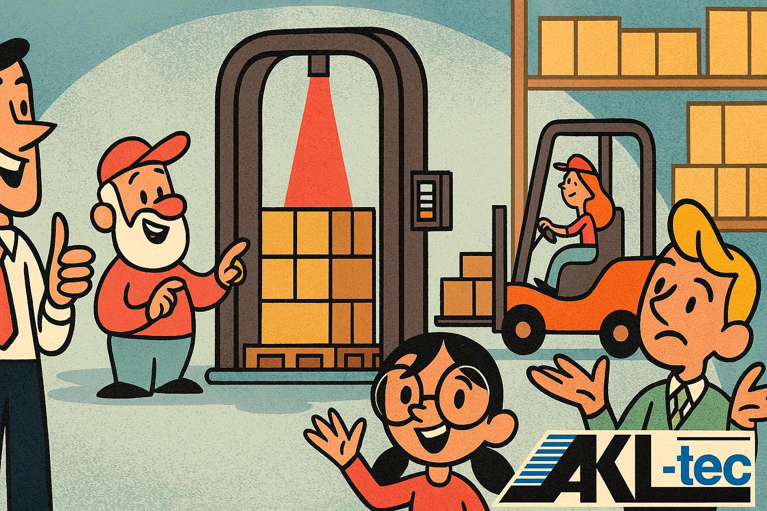 Bunte Comic-Illustration zeigt eine große Halle mit Maschinen und Paletten, daneben fröhliche Figuren, die Kartons stapeln. Im Eck ist das AKL-tec Logo dezent eingeblendet. Das Bild wirkt verspielt und farbenfroh, inspiriert von Technik und Logistik.