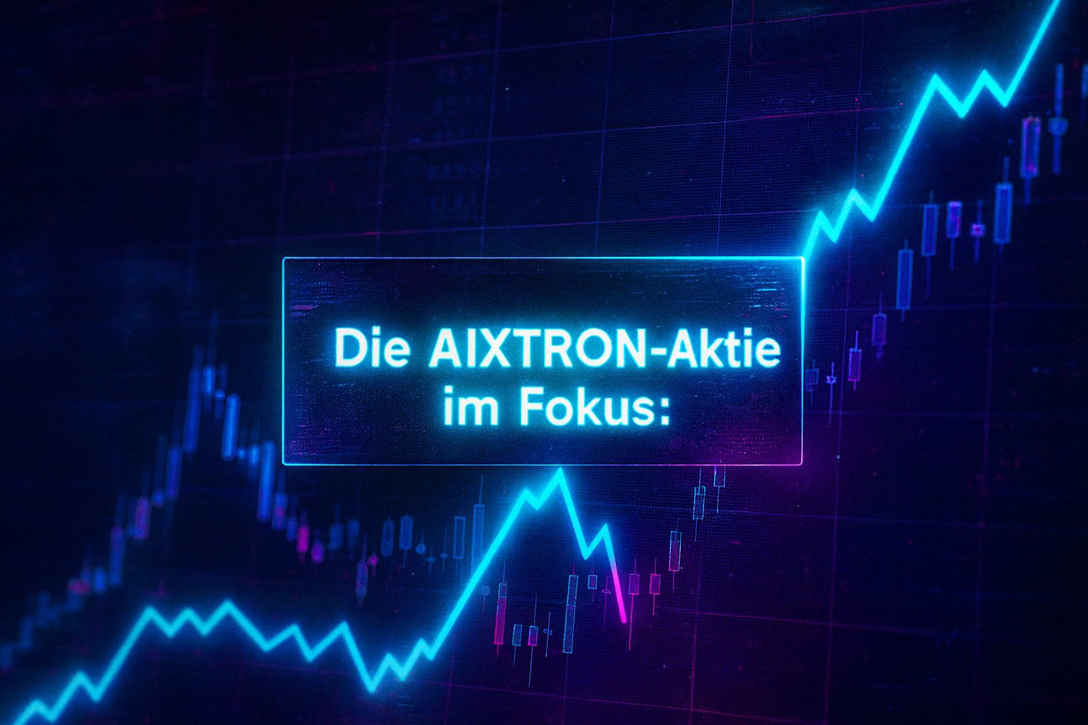 Cyberpunk-inspirierte Grafik mit leuchtendem Schriftzug. Die AIXTRON-Aktie im Fokus: vor einem dunklen Finanzchart mit neonblauer Trendlinie und futuristischen Lichteffekten.