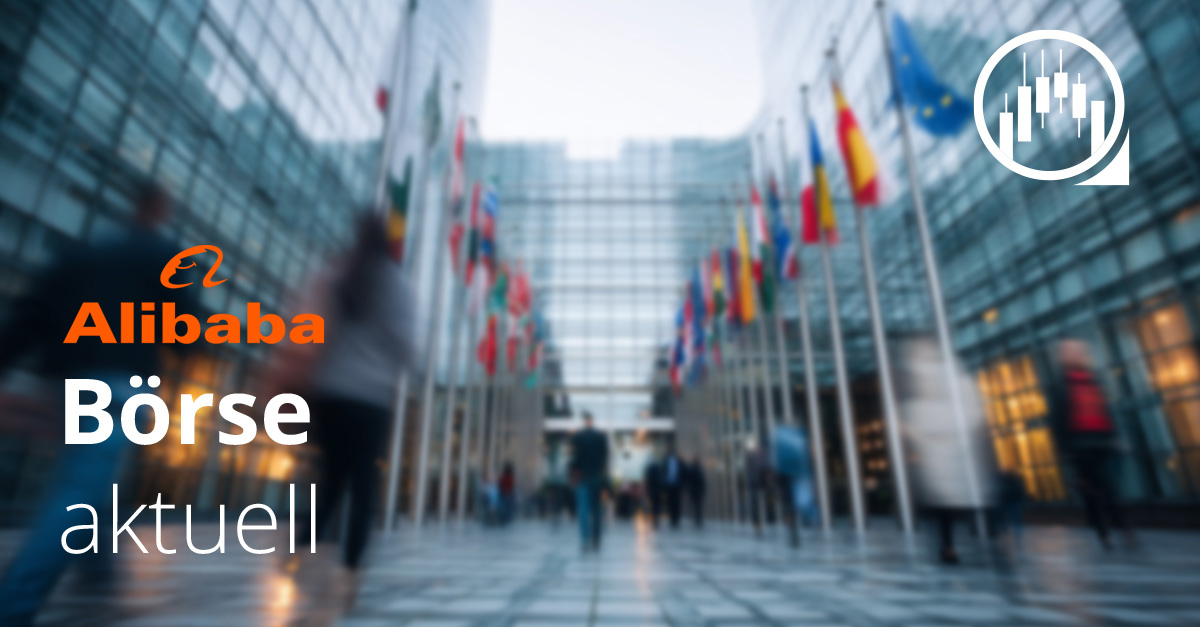 Alibaba Börse aktuell – unscharfe Aufnahme eines modernen Glasgebäudes mit internationalen Flaggen und vorbeigehenden Personen, Symbol für globale Finanzmärkte.