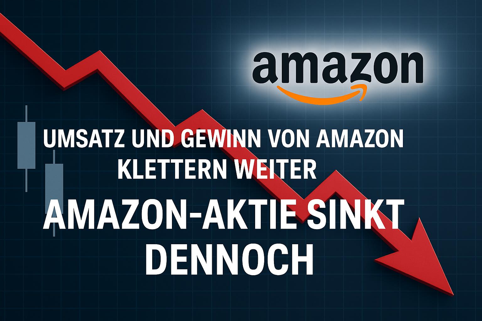 Grafik zeigt fallenden Kursverlauf der Amazon-Aktie trotz steigender Umsätze und Gewinne, mit Amazon-Logo im Hintergrund