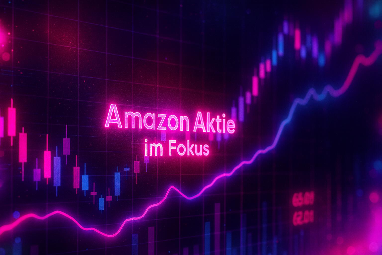Leuchtendes Börsendiagramm mit dem Schriftzug „Amazon Aktie im Fokus“ in Neonfarben vor einem digitalen Kurschart im Cyberpunk-Stil.
