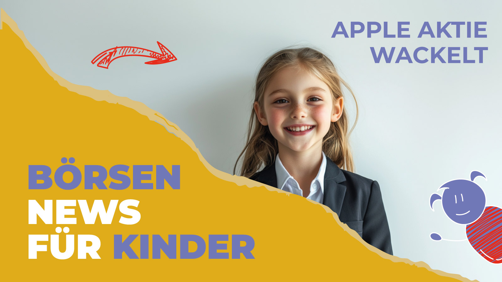 Börsennews für Kinder: Mädchen im Business-Outfit lächelt, daneben Text ‚Apple Aktie wackelt‘ mit bunter Grafik und gezeichneter Figur.