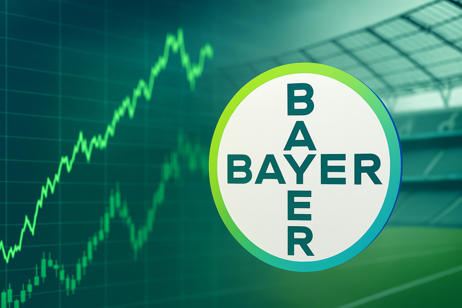 Bayer-Logo deutlich verkleinert vor grünem Börsenchart und unscharfem Fußballstadion im Hintergrund, Symbol für Prognoseanhebung und Sondereffekte.