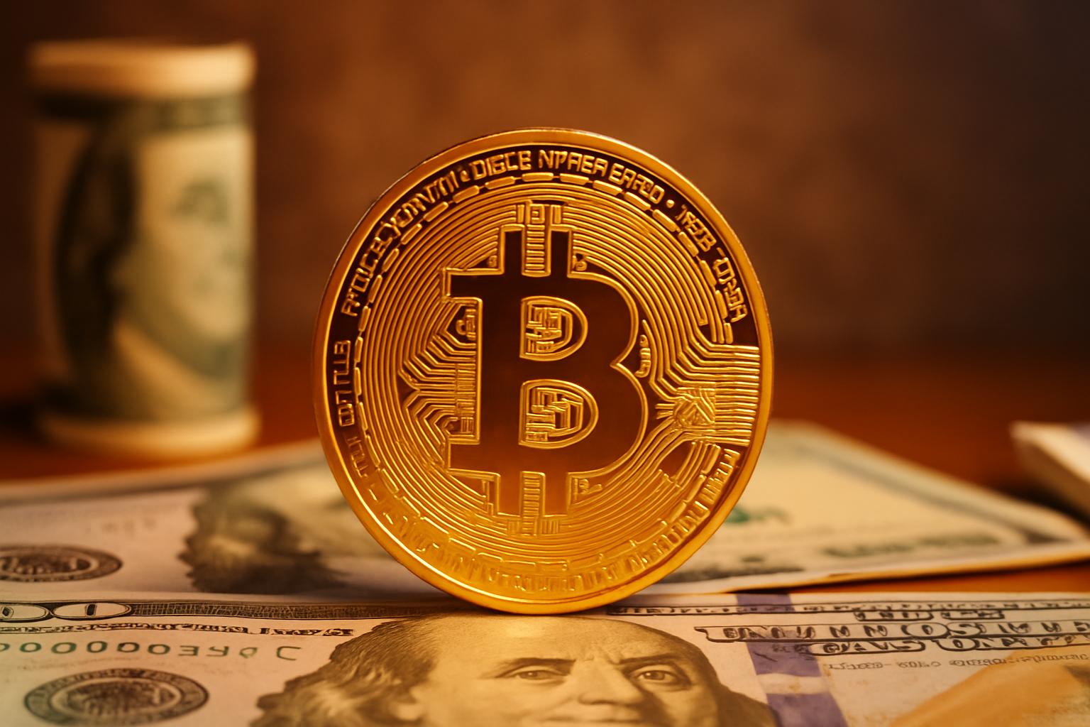 Goldene Bitcoin-Münze im Vordergrund, stehend auf US-Dollar-Scheinen, mit unscharfem Hintergrund aus Geldscheinen und warmem Licht – symbolisiert den Zusammenhang zwischen Kryptowährung und dem US-Dollar.