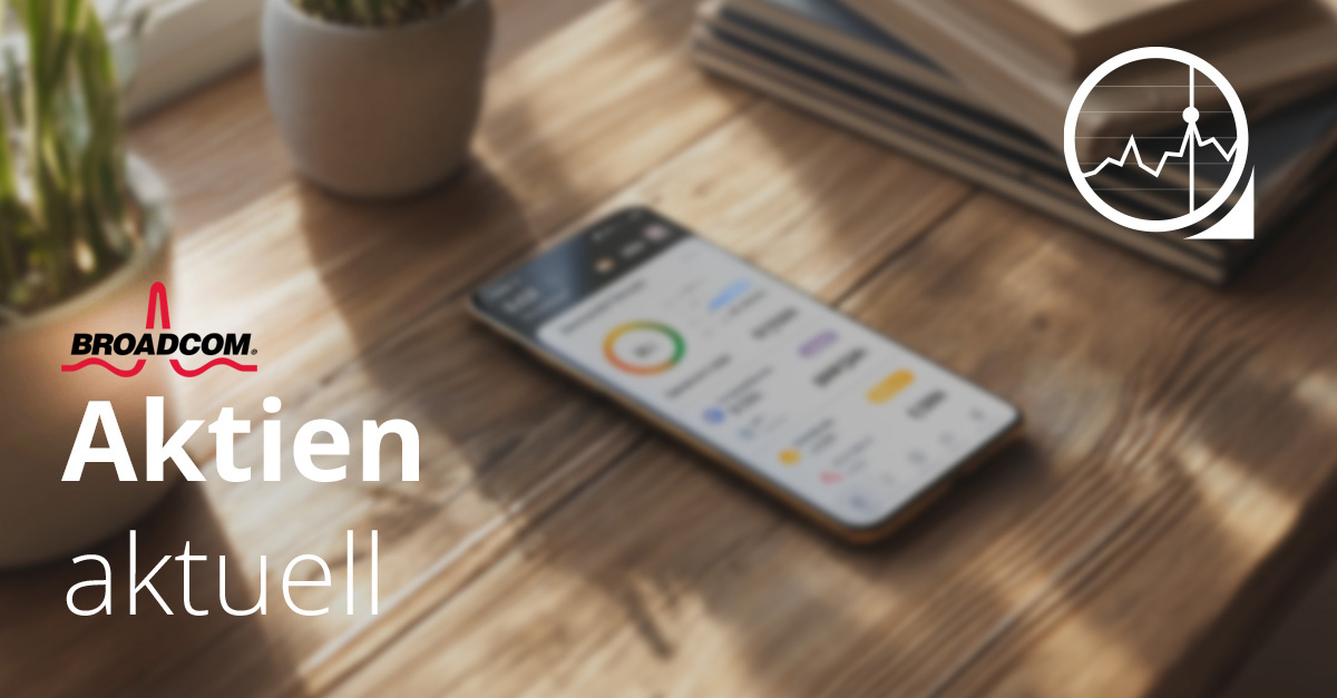 Broadcom Aktie aktuell – Smartphone mit Börsen-App auf Holztisch, daneben Pflanzen und Bücher, Fokus auf Aktienkursentwicklung.