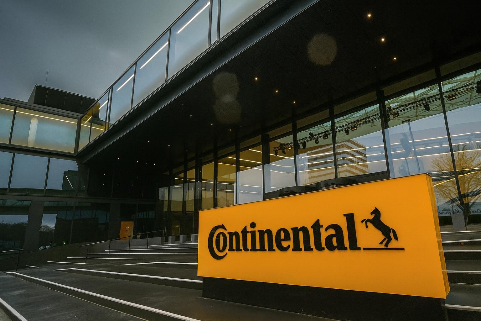 Außenansicht der modernen Continental-Zentrale mit großem gelbem Firmenlogo im Vordergrund vor Glasfassade und dunklem Himmel.