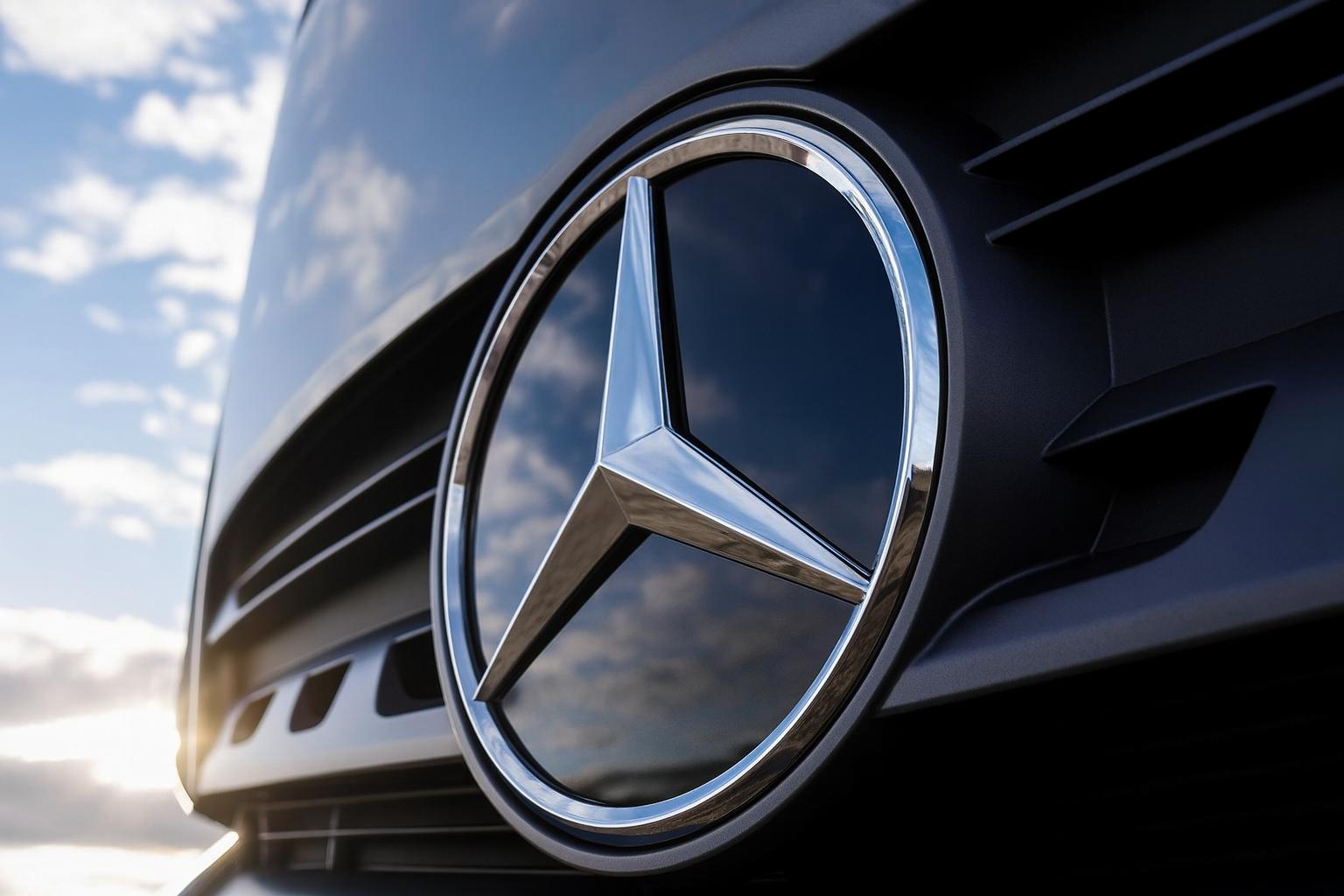Nahaufnahme des Mercedes-Benz Logos auf dem Kühlergrill eines Lkw vor blauem Himmel mit Sonnenlichtreflex