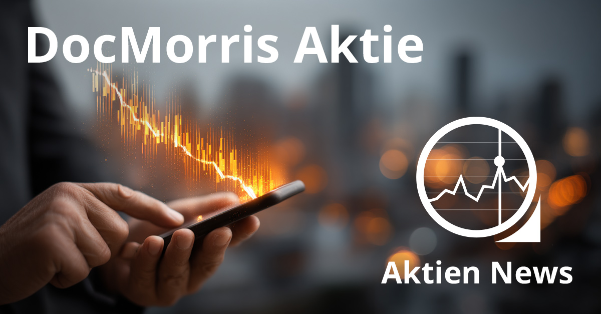 DocMorris Aktie – Börsengrafik mit fallender Kurve leuchtet über einem Smartphone. Daneben Symbol mit Aktienchart und Text Aktien News.