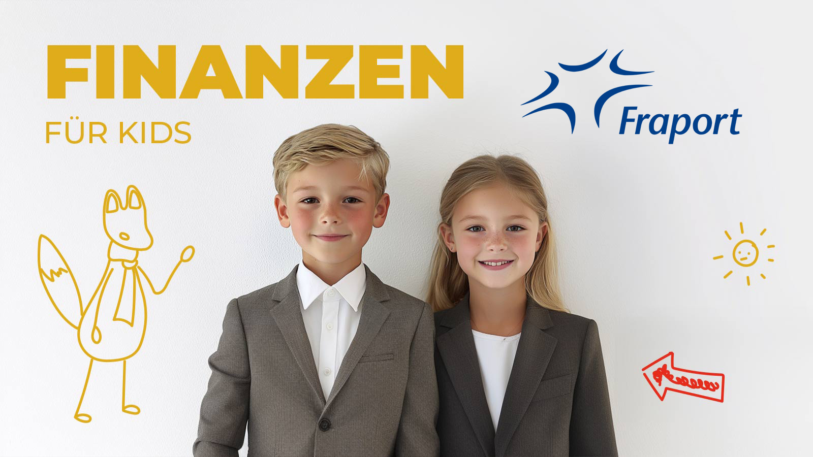 Zwei Kinder im Business-Look stehen nebeneinander vor einer weißen Wand. Links ist eine gezeichnete gelbe Cartoon-Figur eines Fuchses mit Krawatte zu sehen. Rechts oben befindet sich das Fraport-Logo, daneben eine kleine gelbe Sonne und unten ein roter Pfeil. Der Text „Finanzen für Kids“ steht in großen gelben Buchstaben oben links.