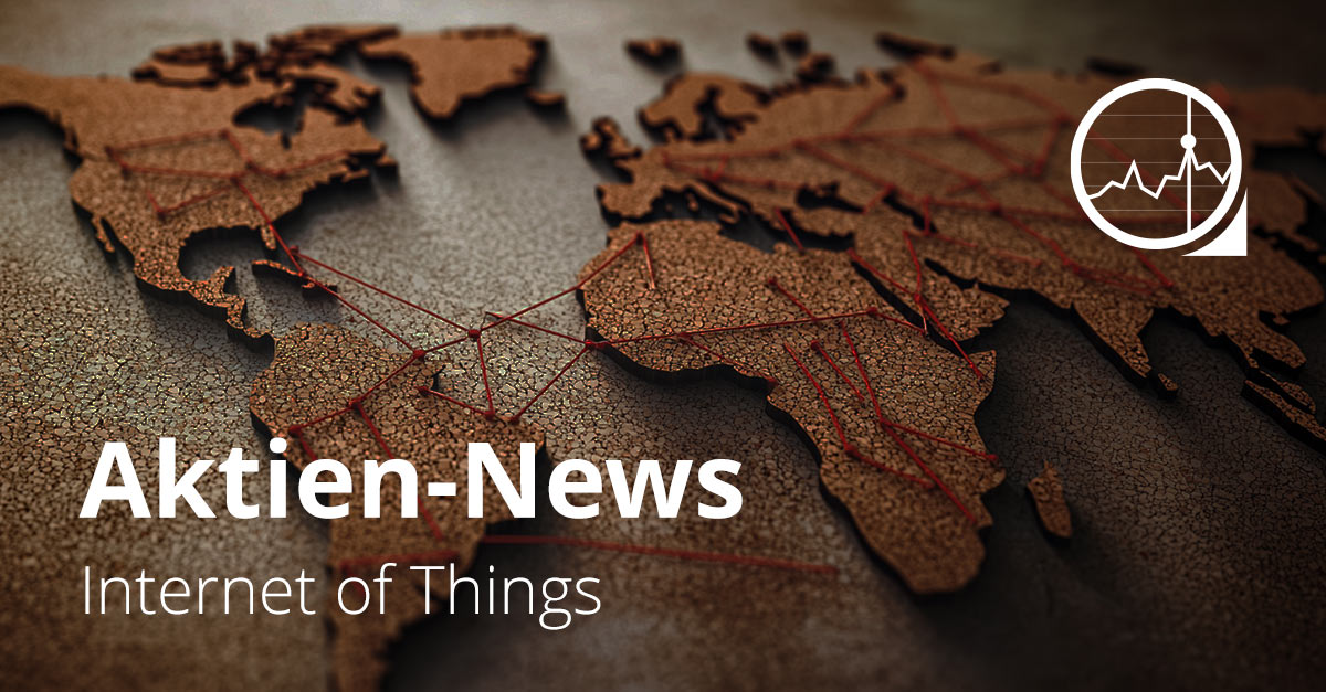 Weltkarte mit roten Netzlinien als Symbol für weltweite IoT-Verbindungen. Text: „Aktien-News – Internet of Things“.