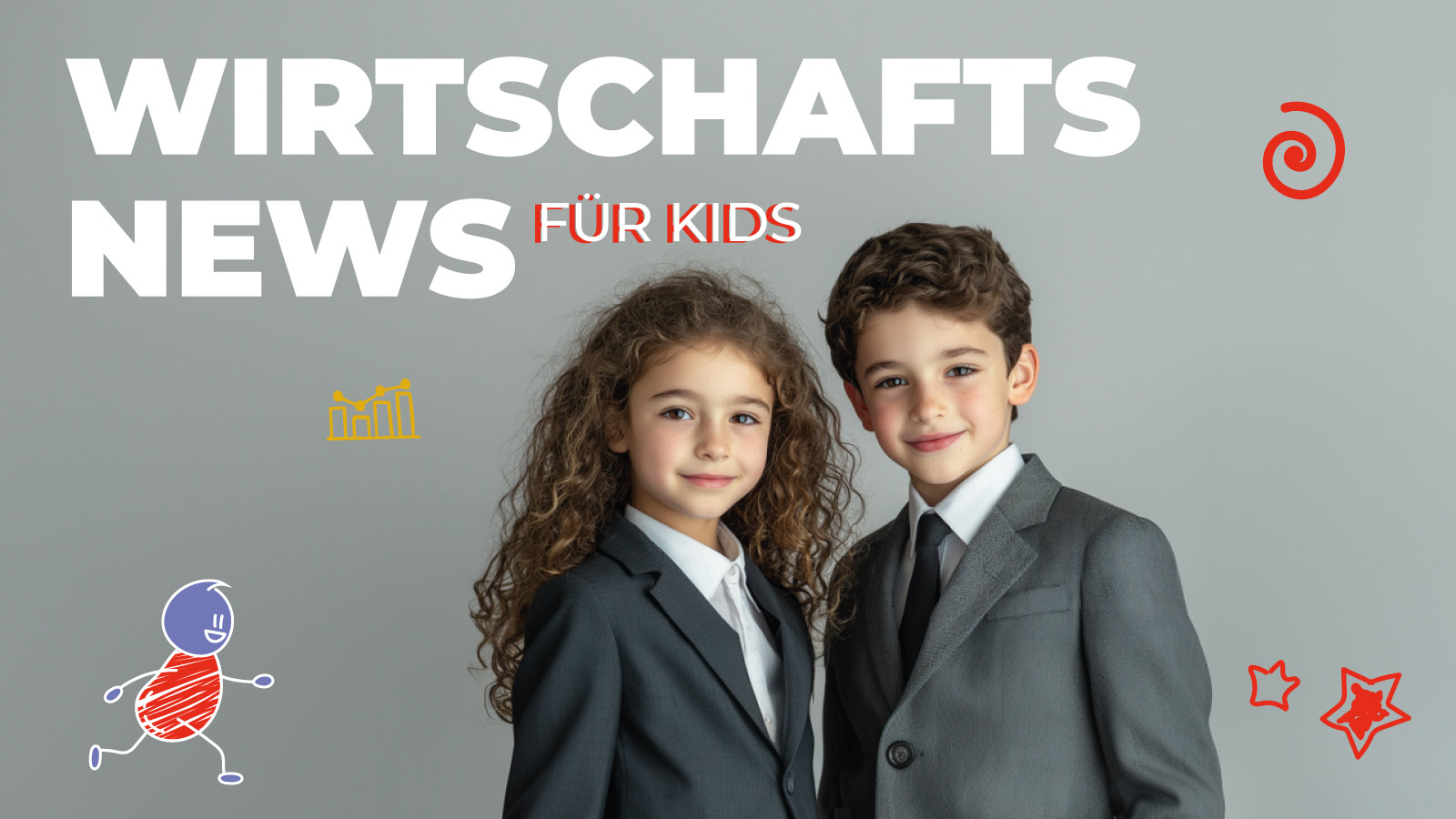 Zwei Kinder im Business-Anzug stehen nebeneinander und lächeln. Darüber der Schriftzug Wirtschafts News für Kids – passend zum Thema Steuern und Finanzen.