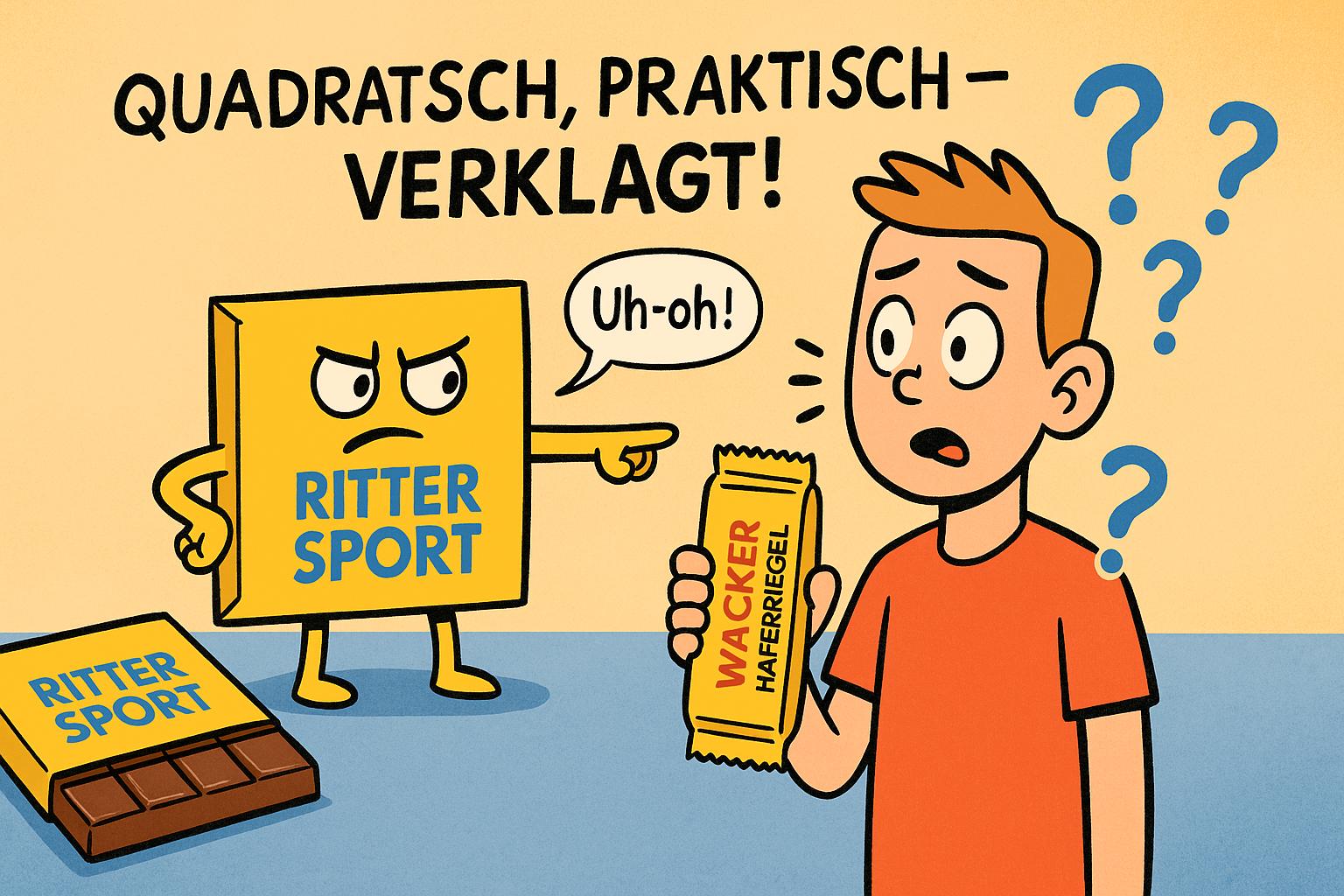 Quadratisch gegen Hafer zum Markenstreit von Ritter Sport Wirtschaft fuer Kinder Bunte Comic-Illustration zeigt einen quadratischen Schokoriegel im Streit mit einem Haferriegel. Beide Riegel tragen kleine Umhänge und stehen sich mit entschlossenen Blicken gegenüber, während im Hintergrund ein Gerichtssaal angedeutet ist. Humorvolle Darstellung eines echten Markenrechtsstreits.