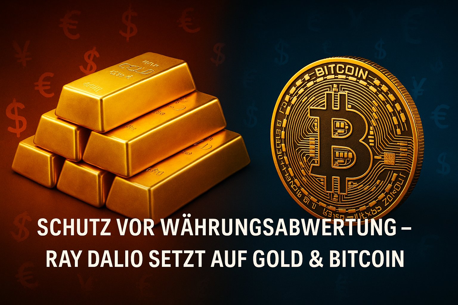 Grafik mit Goldbarren und Bitcoin-Münze nebeneinander. Hintergrund mit fallenden Währungssymbolen. Text: „Schutz vor Währungsabwertung – Ray Dalio setzt auf Gold & Bitcoin“.