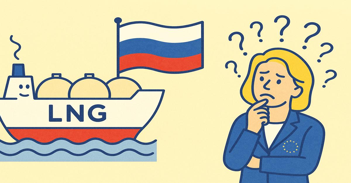 Illustration zeigt ein lächelndes LNG-Schiff mit russischer Flagge, das auf das Meer zufährt. Rechts denkt eine Figur in EU-Jacke mit Fragezeichen über dem Kopf nach. Das Bild erklärt kindgerecht das Thema russisches Flüssiggas, EU-Politik und Energiehandel ohne Text.