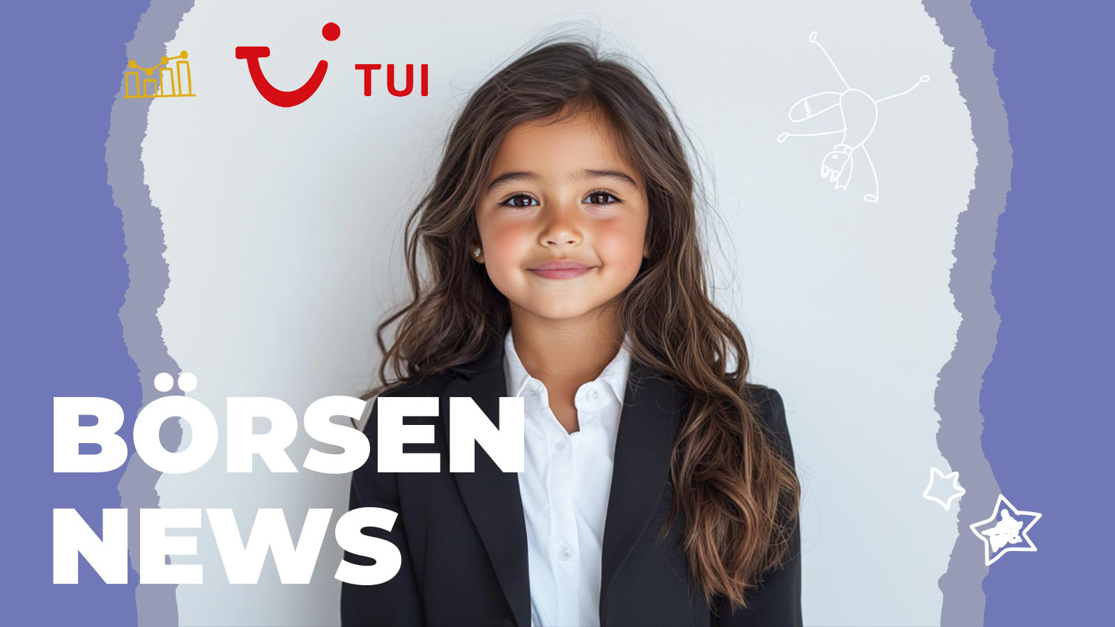 Ein lächelndes Mädchen im schwarzen Business-Blazer steht vor einer hellen Wand. Über ihr ist das rote TUI-Logo zu sehen. Links im Bild steht in großen weißen Buchstaben „Börsen News“. Spielerische Zeichnungen wie ein springender Fuchs, Sterne und ein Börsendiagramm rahmen das Bild kindgerecht ein.