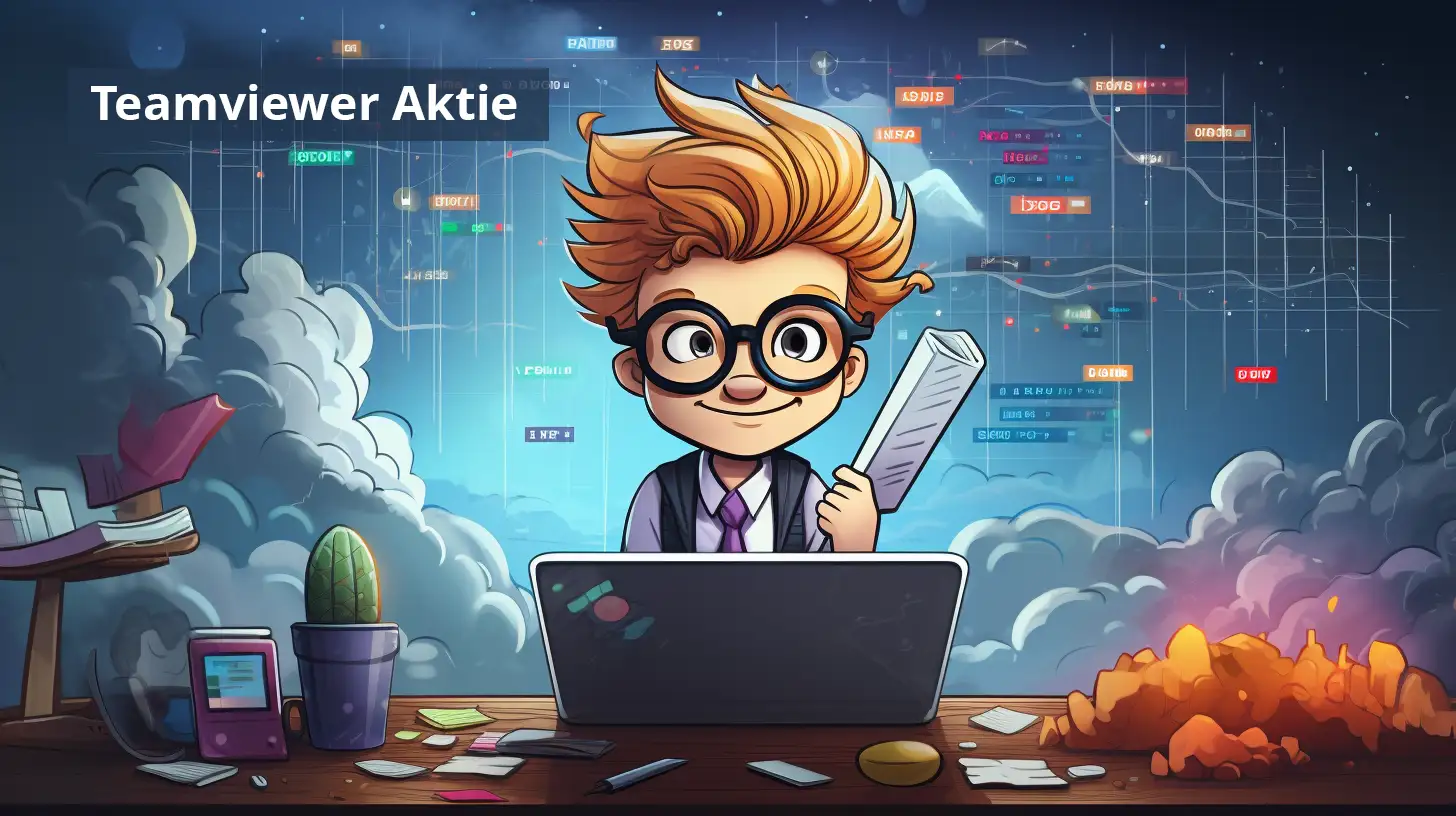 Teamviewer Aktie Boerse aktuell Finanzen für Kinder Comicartige Illustration für Kinder mit einem fröhlichen Jungen im Anzug vor einem Laptop 📈. Im Hintergrund steigen Aktienkurse auf einem Bildschirm. Auf dem Schreibtisch liegen bunte Zettel, ein Kaktus, ein Gerät und Papierstapel. In der Bildmitte steht der Titel „Teamviewer Aktie“. Wolken und freundliche Farben sorgen für eine spielerisch-lernfreudige Börsenatmosphäre. Ideal für Finanzbildung ab 8 Jahren.
