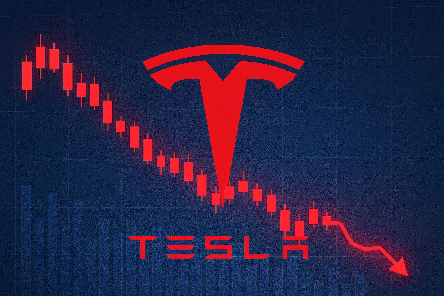Tesla Logo mit fallendem Börsenchart – Symbolbild für sinkende Kundenbindung und Tesla Aktie im Abwärtstrend.