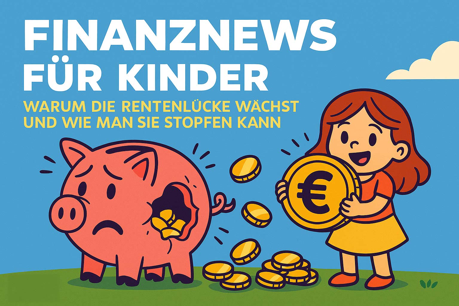 Rentenlücke für Kinder erklärt – Finanzen einfach verstehen Bunte Comic-Illustration zeigt Kinder, die neugierig mit Sparschwein und Münzen spielen, um das Thema Rente und Vorsorge leicht verständlich darzustellen.