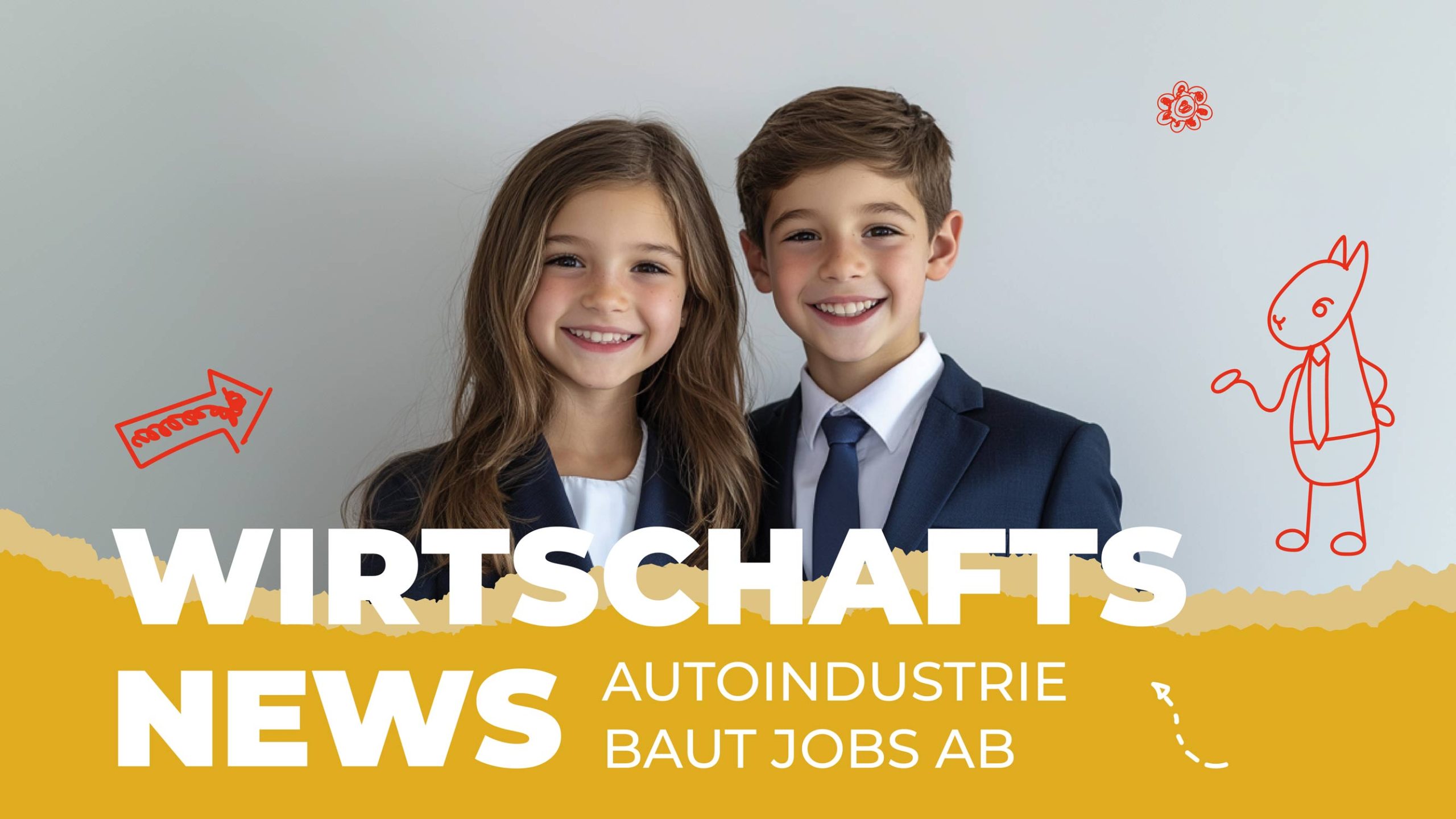 Autoindustrie baut Jobs ab – Wirtschaftsnews für Kinder Zwei Kinder im Business-Look lächeln in die Kamera. Neben ihnen sind kleine, spielerische Zeichnungen und darunter der Text „Wirtschaftsnews – Autoindustrie baut Jobs ab“.