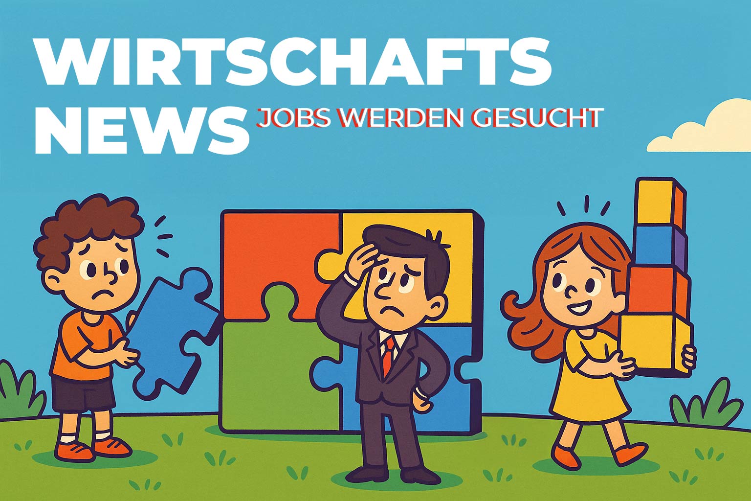 Comic-Illustration: Kinder puzzeln mit bunten Teilen, während ein Mann im Anzug ratlos danebensteht. Symbol für Jobsuche und Fachkräftemangel.
