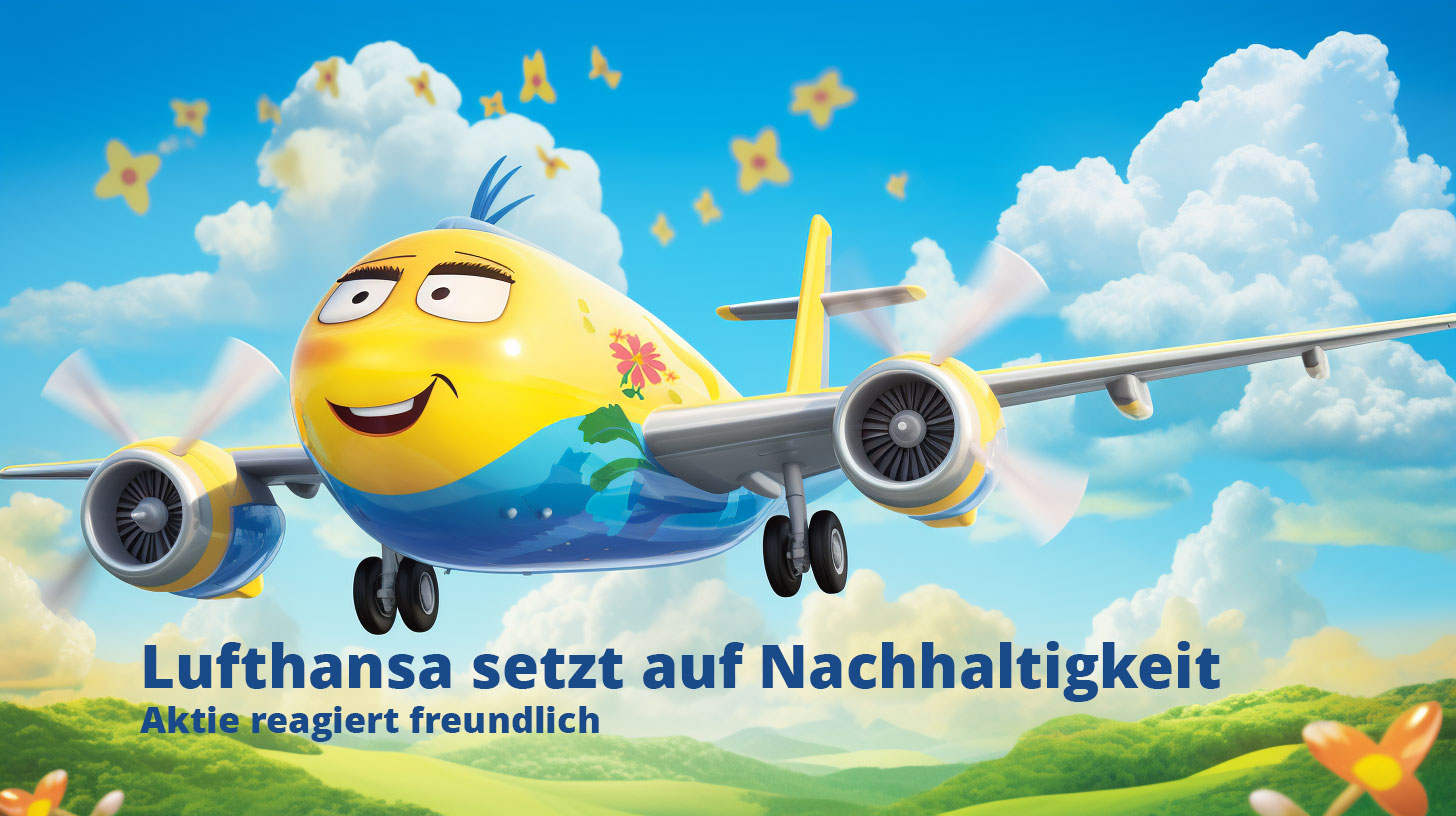 Farbenfrohes Comic-Flugzeug im Lufthansa-Stil fliegt lächelnd durch einen sonnigen Himmel mit Wolken und Blumen, Symbol für Nachhaltigkeit und gute Stimmung.