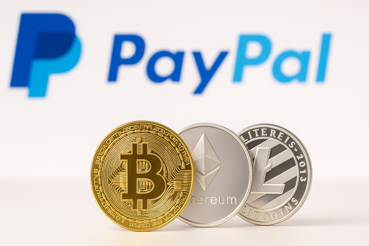PayPal-Logo unscharf im Hintergrund mit goldener Bitcoin- und silberner Ethereum-Münze im Vordergrund – Symbol für neue Krypto-Zahlungen und mögliche Auswirkungen auf die PayPal-Aktie.