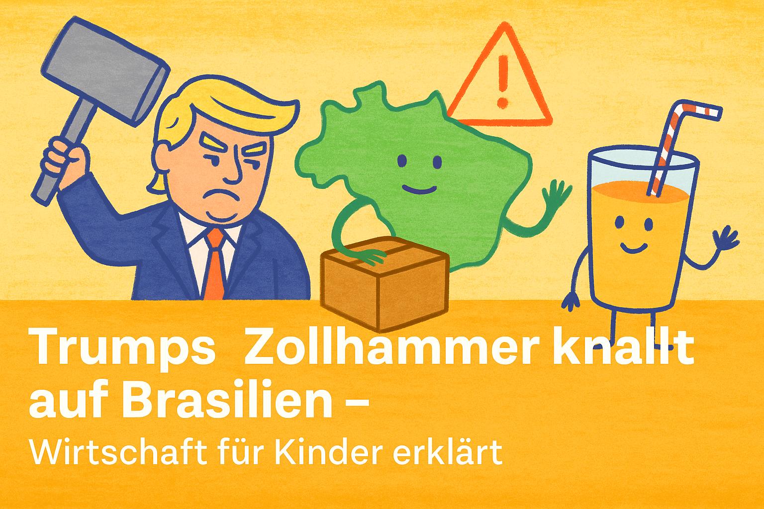 Illustration mit Donald Trump, der einen großen Hammer hält, daneben eine grüne Brasilien-Figur mit Paket und ein fröhlicher Orangensaft mit Strohhalm. Im Hintergrund ein Warnzeichen. Überschrift: „Trumps Zollhammer knallt auf Brasilien – Wirtschaft für Kinder erklärt“. Die Szene zeigt spielerisch den aktuellen Zollstreit zwischen USA und Brasilien.