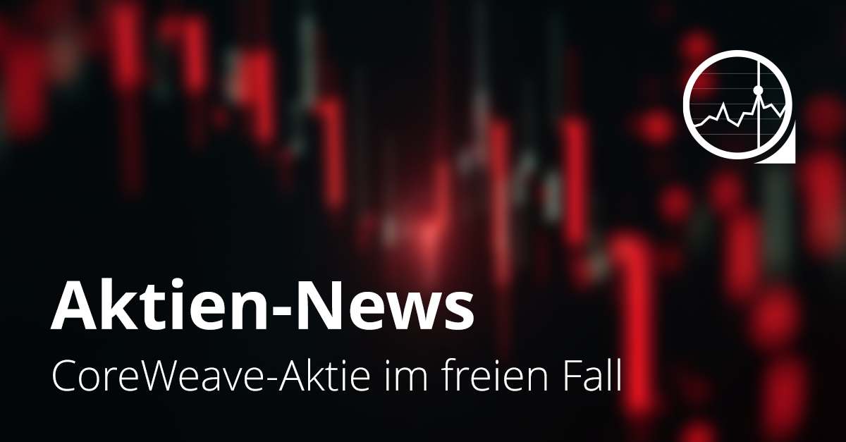 Rote fallende Kurskerzen auf dunklem Hintergrund symbolisieren den starken Kursverlust der CoreWeave-Aktie, dazu der Text „Aktien-News“.