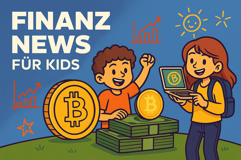 Finanznews für Kinder – Bitcoin Start in den USA erklärt Cartoon-Bild mit Kindern im Alter von 8 bis 12 Jahren, die über Bitcoin und Geld sprechen