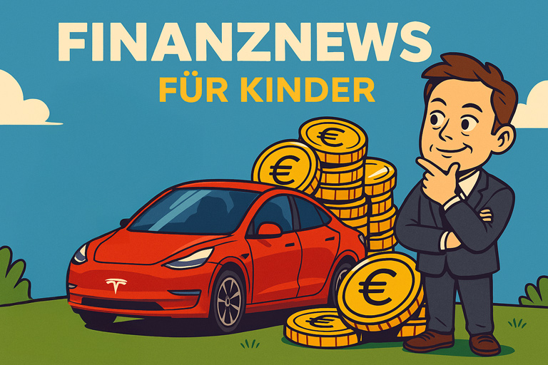 Illustration zeigt Elon Musk neben einem roten Tesla und großen Münzstapeln mit dem Schriftzug „Finanznews für Kinder“.