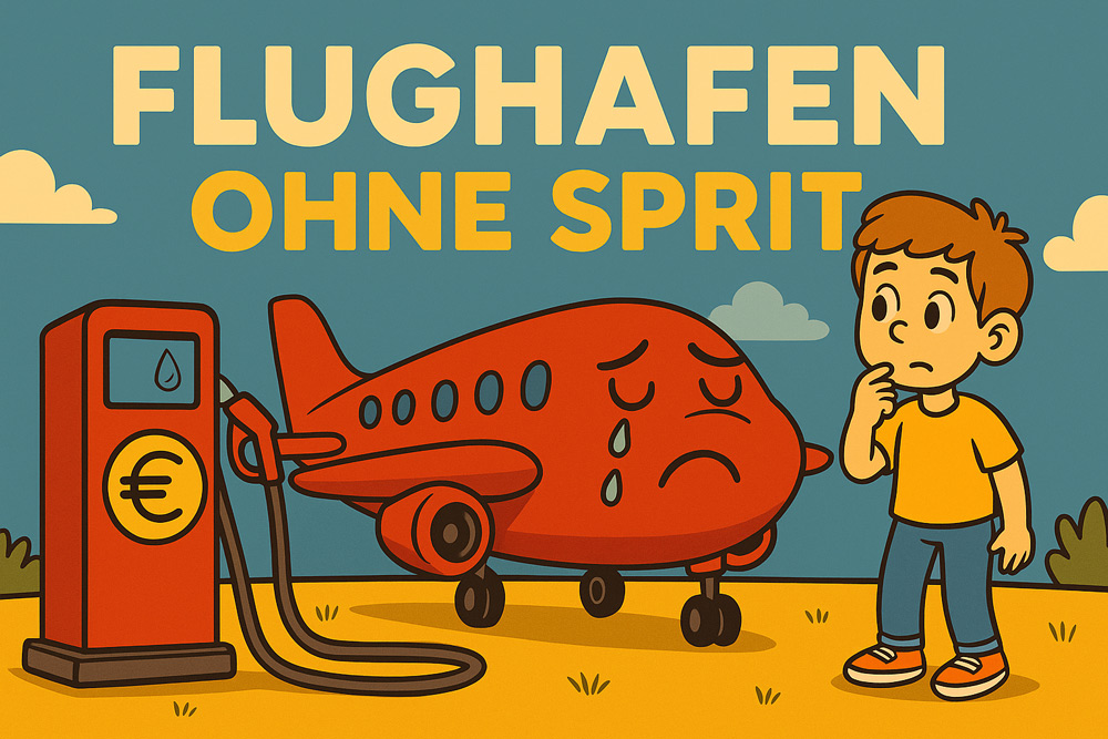 Illustration im Comic-Stil: Ein rotes Flugzeug mit traurigem Gesicht steht vor einer Zapfsäule, die mit einem Euro-Symbol gekennzeichnet ist. Ein Junge schaut fragend auf das Flugzeug.