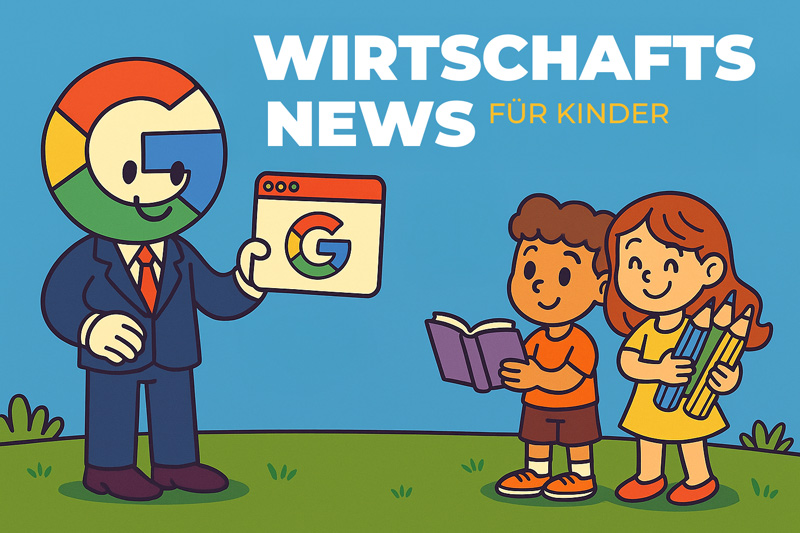 Comic-Illustration mit einer Google-Figur im Anzug, die Kindern den Chrome-Browser zeigt.