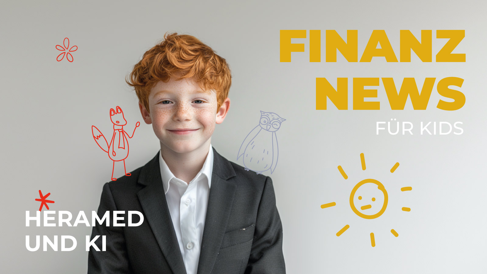Ein Junge im Anzug lächelt in die Kamera. Um ihn herum sind bunte Zeichnungen wie ein Fuchs, eine Eule und eine Sonne zu sehen. Auf der linken Seite steht „HERAMED UND KI“, rechts „FINANZ NEWS FÜR KIDS“. Das Bild gehört zu einem Artikel über HeraMED und künstliche Intelligenz in der Frauengesundheit, kindgerecht erklärt.