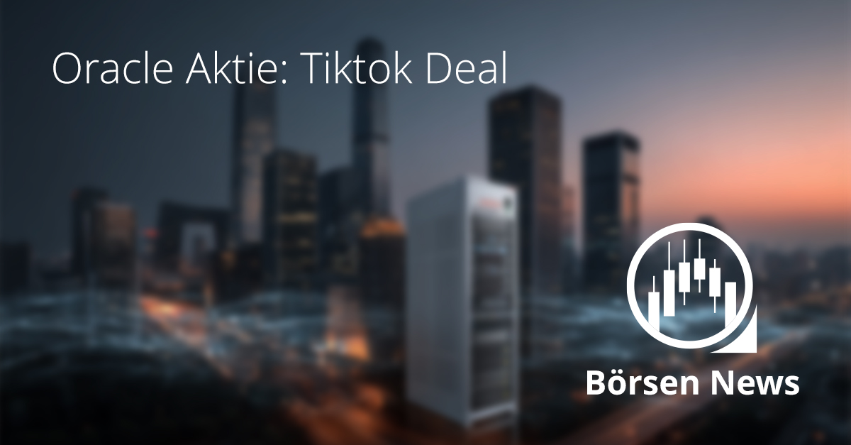 Server vor Skyline mit digitalen Datenlinien, Symbolbild für Oracle Aktie und den Tiktok Deal in den USA.