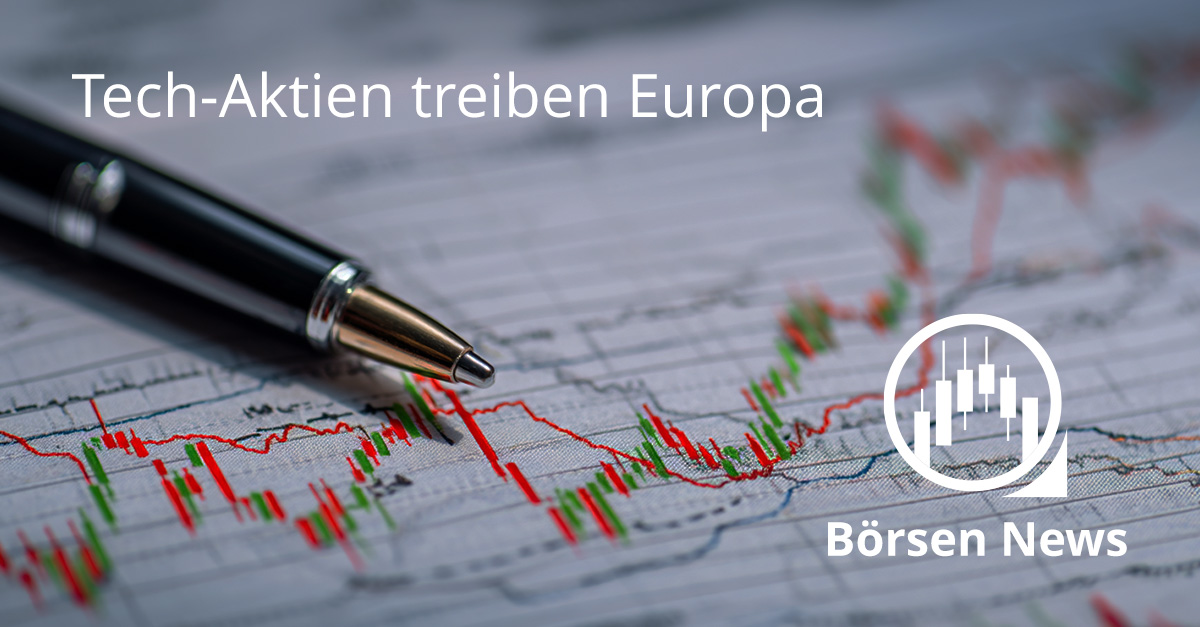 Kugelschreiber auf einem Börsenchart mit grünen und roten Kurslinien, daneben der Schriftzug „Tech-Aktien treiben Europa“ und das Börsen-News-Logo.