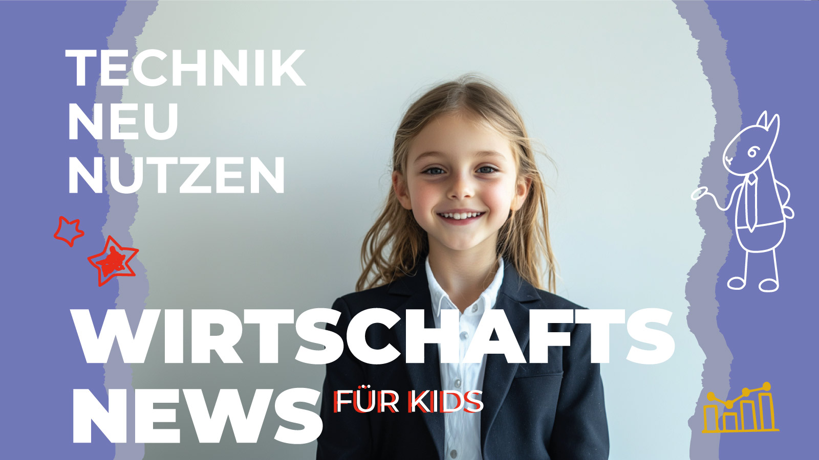 Ein Kind im Business-Outfit lacht vor der Kamera. Daneben steht der Schriftzug „Technik neu nutzen – Wirtschaftsnews für Kids“. Das Bild zeigt spielerisch, dass alte Handys und Technik wertvoll bleiben können.