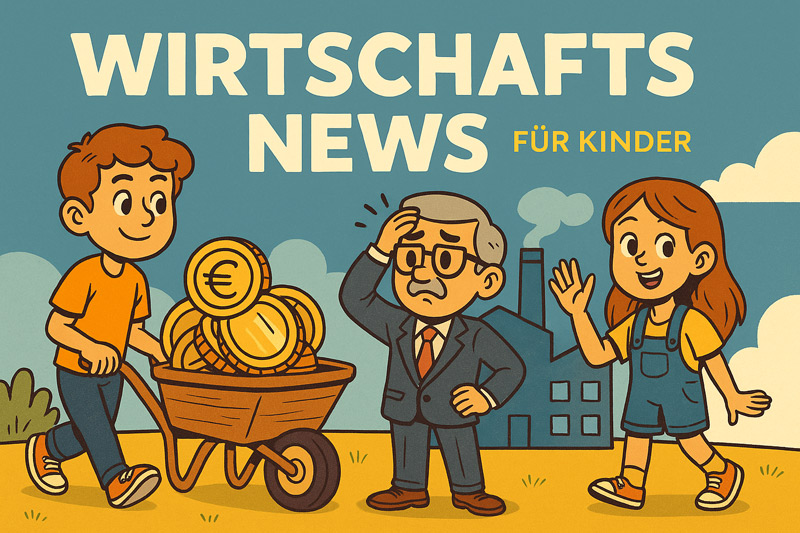 Wenn Babyboomer in Rente gehen – Wirtschaft für Kinder Comic-Bild mit einem Jungen, der eine Schubkarre voller Münzen schiebt, einem nachdenklichen älteren Mann im Anzug und einem Mädchen, das fröhlich winkt – im Hintergrund eine Fabrik.