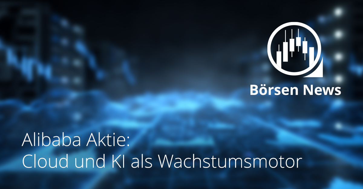 Digitale Grafik mit leuchtenden blauen Datenströmen und Börsenchart, Symbolbild zur Alibaba Aktie mit Fokus auf Cloud und KI