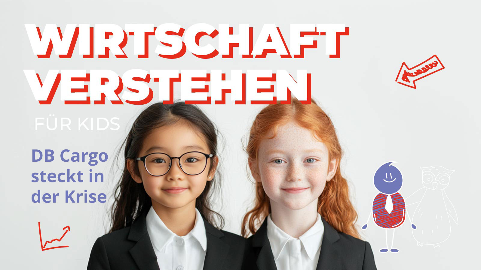 Zwei Kinder im Business-Outfit vor hellem Hintergrund, daneben Comic-Grafiken und der Text „Wirtschaft verstehen für Kids – DB Cargo steckt in der Krise“. Die Grafik gehört zu einem kindgerechten Artikel über die Probleme bei der Deutschen Bahn-Tochter DB Cargo.