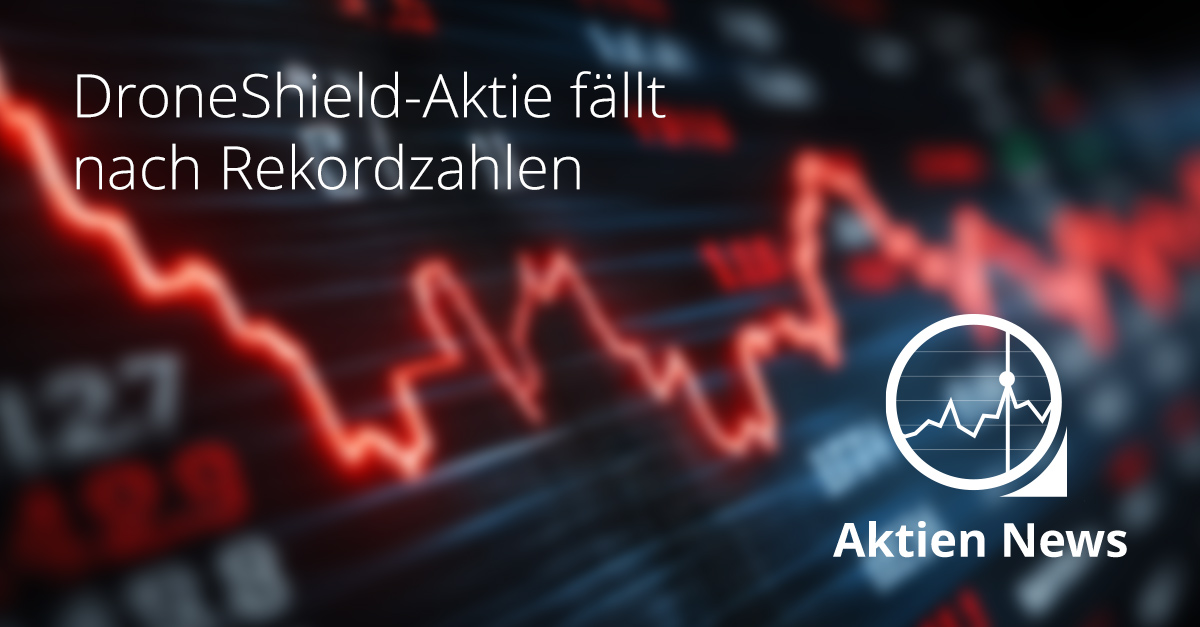 Roter fallender Aktienchart mit der Aufschrift „DroneShield-Aktie fällt nach Rekordzahlen“, Symbolbild für Kursverluste nach starken Quartalszahlen.