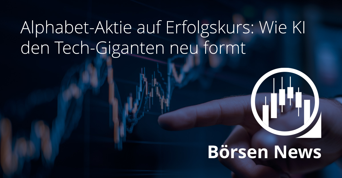 Finger zeigt auf steigenden Börsenchart auf dunklem Hintergrund mit der Aufschrift „Alphabet-Aktie auf Erfolgskurs: Wie KI den Tech-Giganten neu formt“ und Börsen-News-Logo.