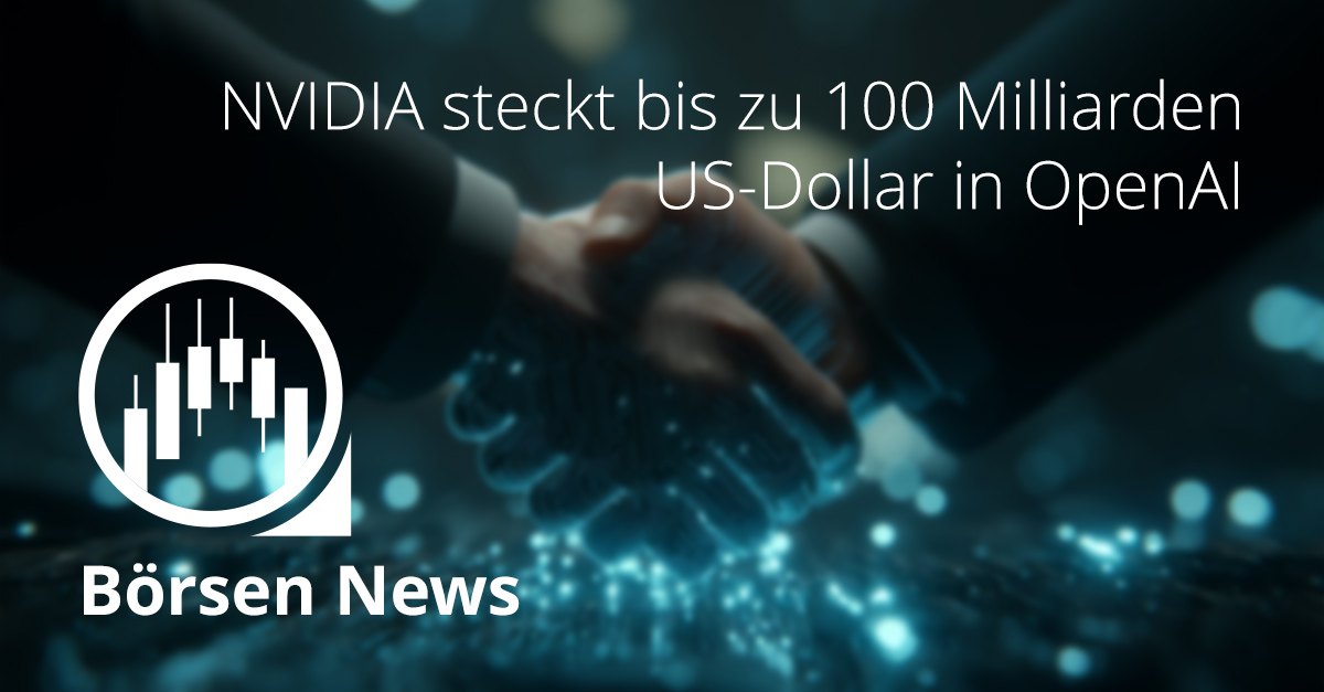 Zwei Geschäftspartner reichen sich die Hand über leuchtender digitaler Platine, Symbol für den 100 Milliarden Dollar Deal zwischen NVIDIA und OpenAI, mit Schriftzug Börsen News.