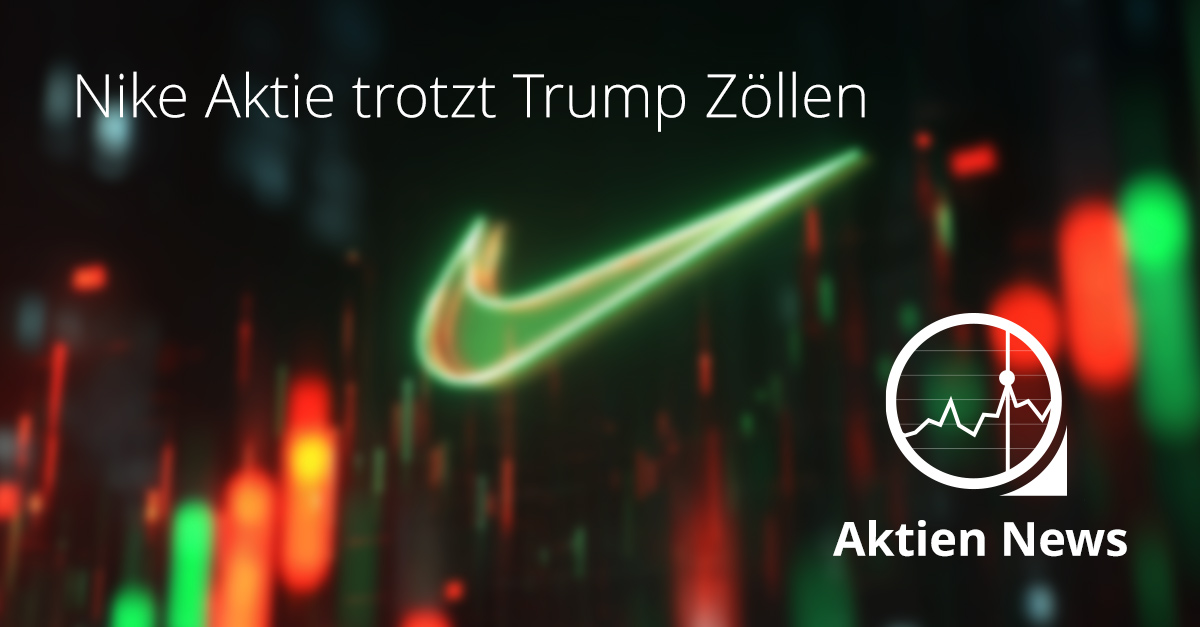 Leuchtendes Nike Logo vor grün-rotem Börsenchart, Symbolbild für stabile Nike Aktie trotz neuer US Zölle unter Trump