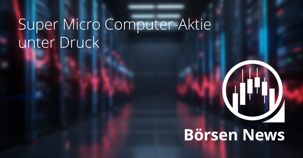 Serverracks in einem modernen Rechenzentrum mit leuchtenden Datenströmen und fallender Börsenkurve – Symbolbild für den Kursrückgang der Super Micro Computer-Aktie nach Umsatzwarnung.