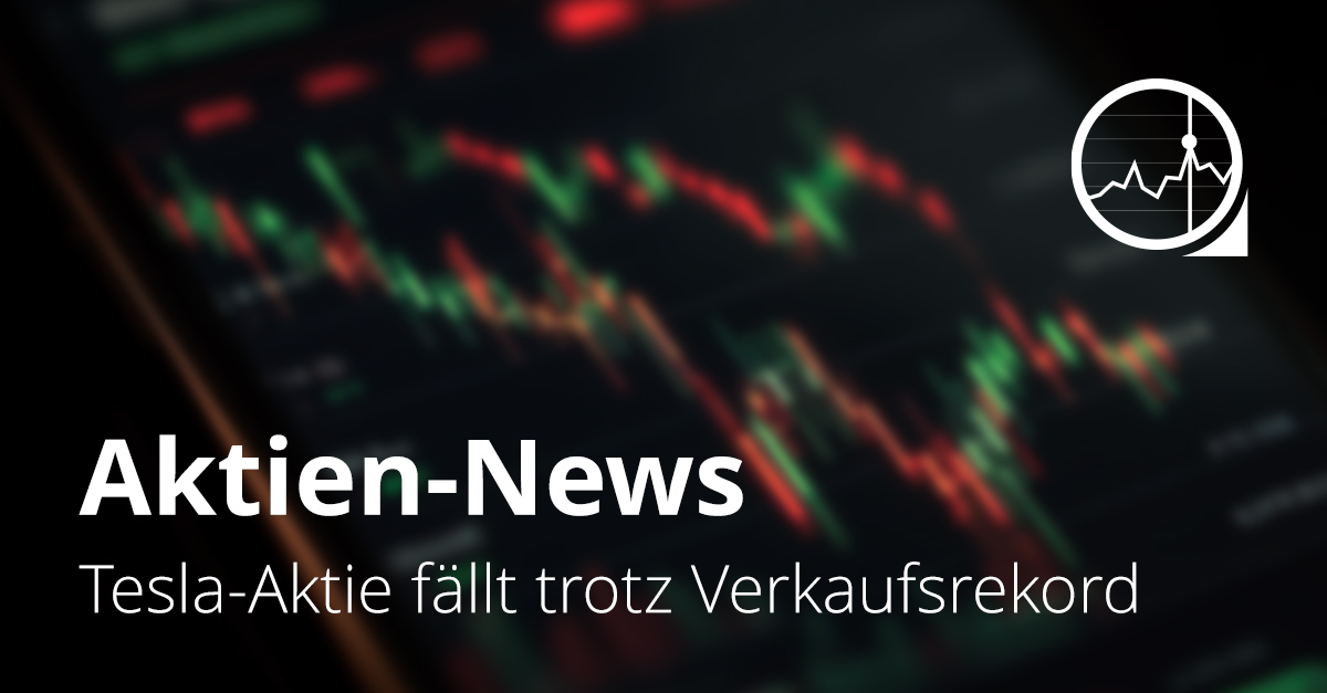 Symbolbild mit fallendem Aktienchart und der Aufschrift „Tesla-Aktie fällt trotz Verkaufsrekord“, zeigt Kursverluste nach schwächerem Quartalsergebnis des Elektroautobauers.