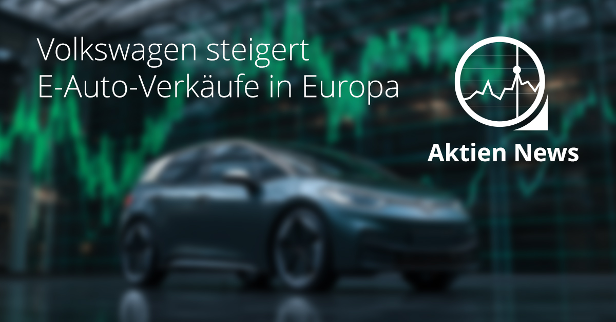 Ein Volkswagen Elektroauto steht vor einem grünen Börsenchart, der steigende Kurse zeigt – Symbolbild für den wachsenden E-Auto-Absatz und die positive Entwicklung der VW Aktie in Europa.