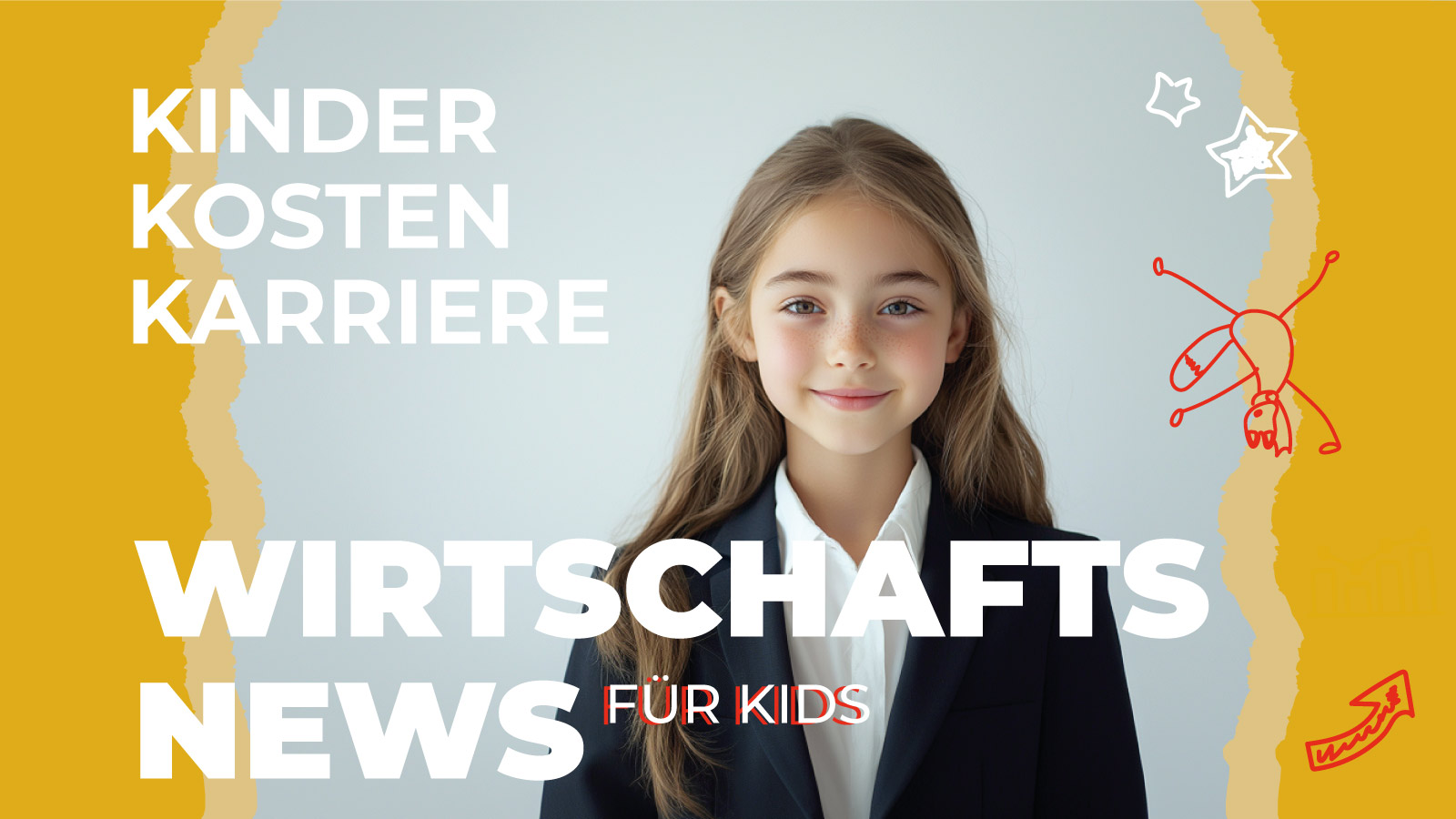 Ein Mädchen im Anzug lächelt vor hellem Hintergrund. Daneben steht der Titel „Kinder kosten Karriere“. Das Bild gehört zur Reihe „Wirtschaftsnews für Kids“ und erklärt kindgerecht, warum viele Mütter nach der Geburt weniger verdienen.